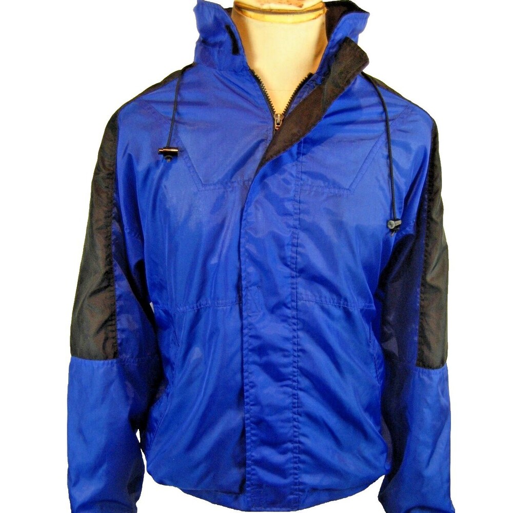 Mens Vntg Marlboro Blue/Black Paneled Hooded Full Zip Windbreaker Jacket Size L
